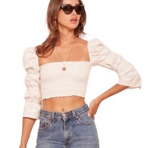 Reformation White Smocked Bodice Crop Top Elasticated 3/4 Sleeves Size Small